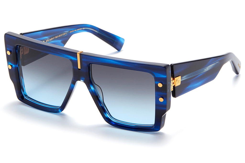 Balmain® Eyewear - B-Grand Sunglasses Blue Swirl & Yellow Gold with Dark Grey to Light Blue Lenses