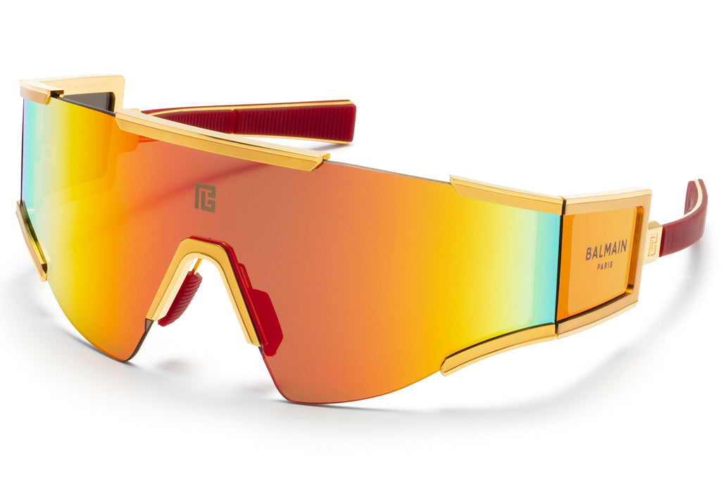 Balmain® Eyewear - Flèche Sunglasses Gold & Matte Red with Dark Brown - Red Mirror Lenses