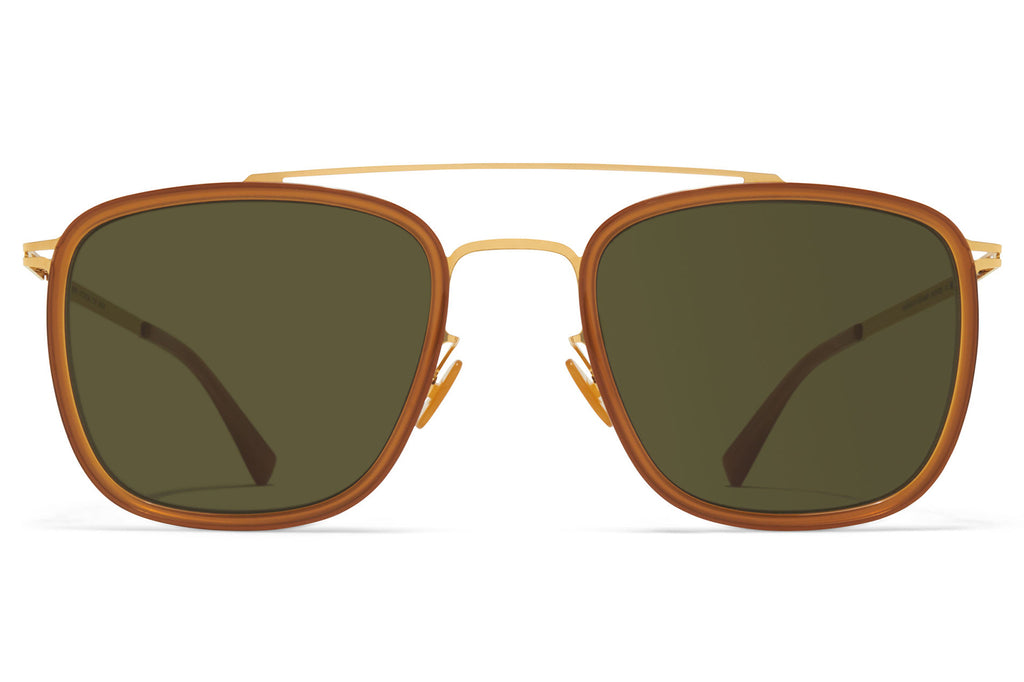 MYKITA - Jeppe Sunglasses Glossy Gold/Dark Brown with Raw Green Solid Lenses