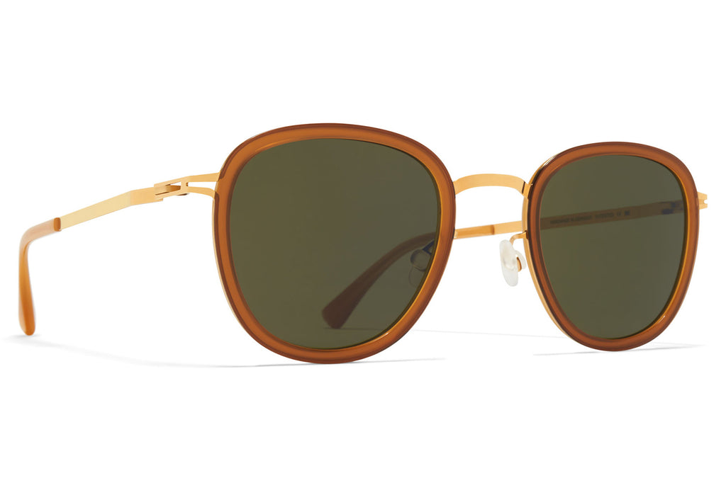 MYKITA - Helmi Sunglasses Glossy Gold/Dark Brown with Raw Green Solid Lenses