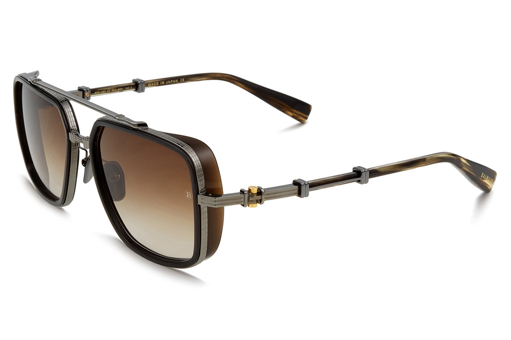 Balmain® Eyewear - Officier Sunglasses Black Rhodium & Dark Brown Swirl with Dark Brown AR Lenses