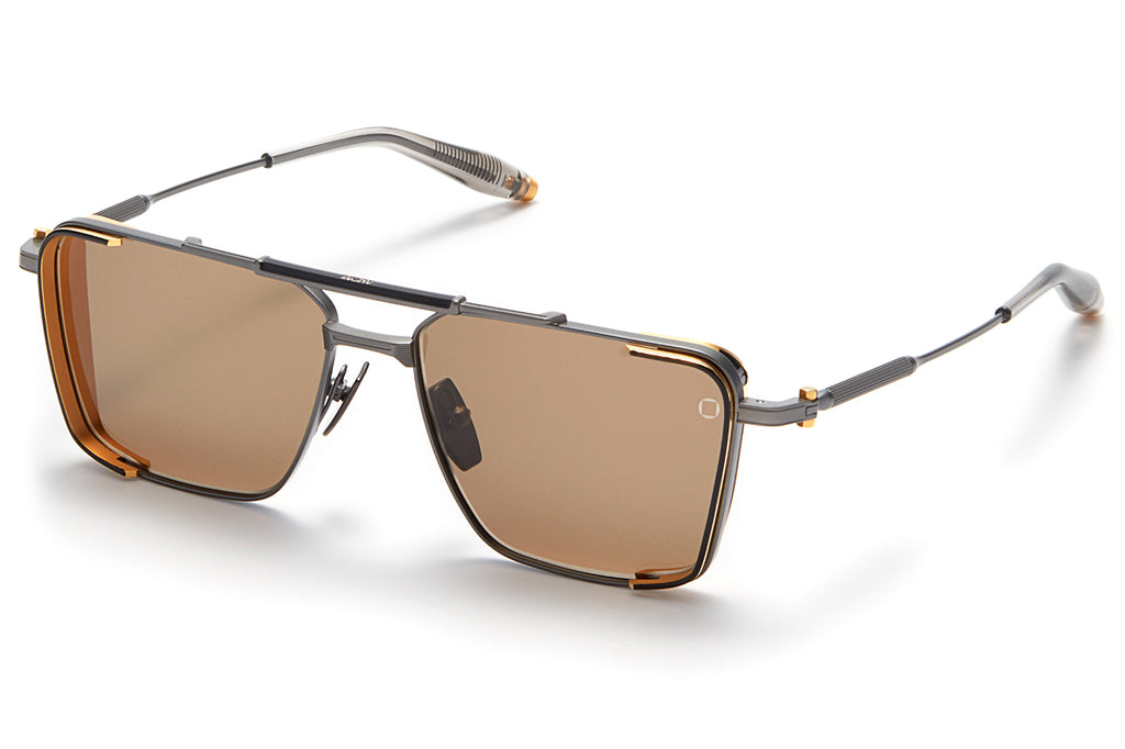 Akoni - Hera Sunglasses Black Iron & Brushed White Gold - Grey Crystal with Dark Brown Lenses