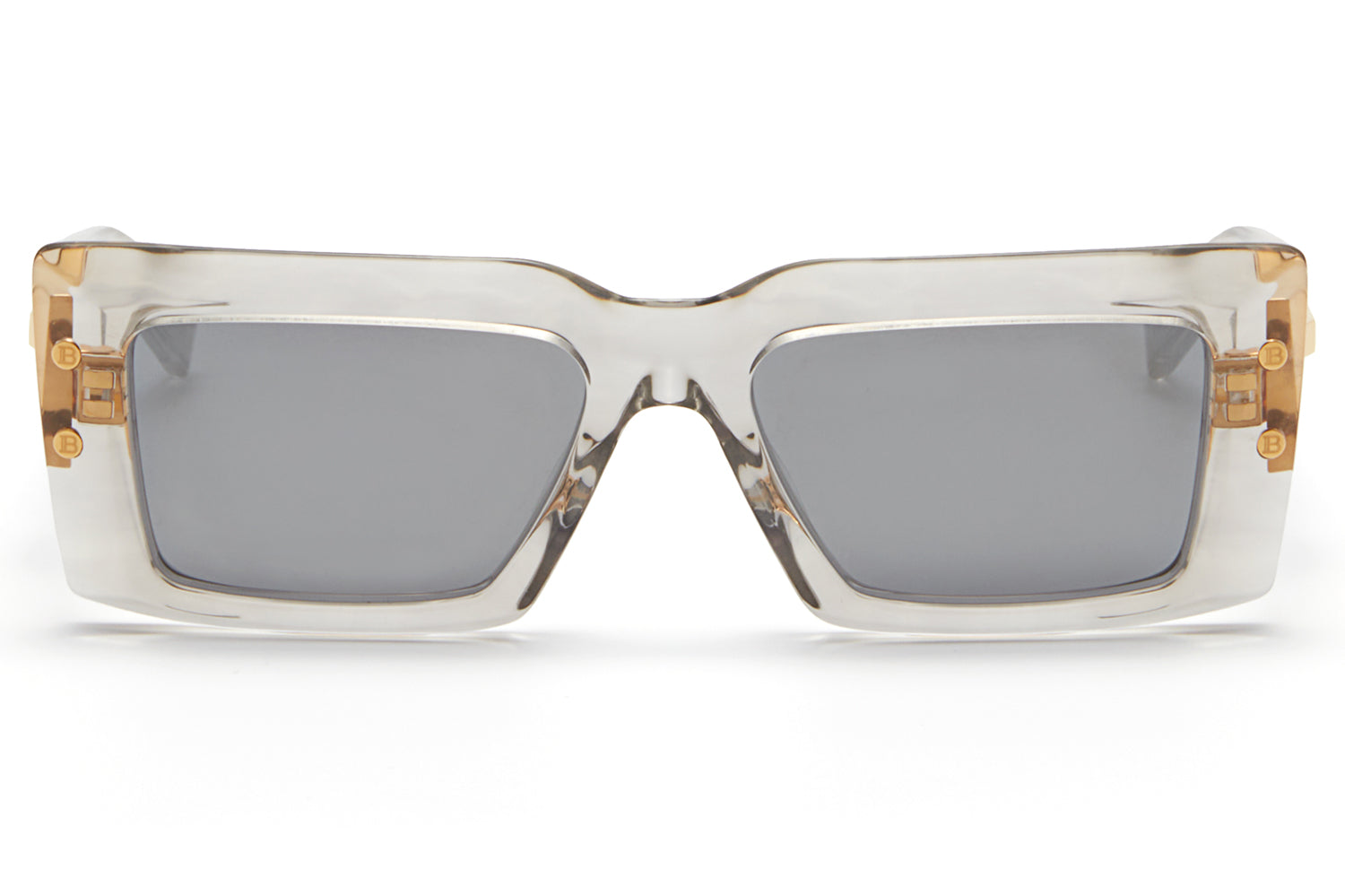 Balmain Eyewear - Imperial Sunglasses | Specs Collective, Grey Crystal with Gold Flakes & White Gold with Dark Grey - White Gold Flash Lenses