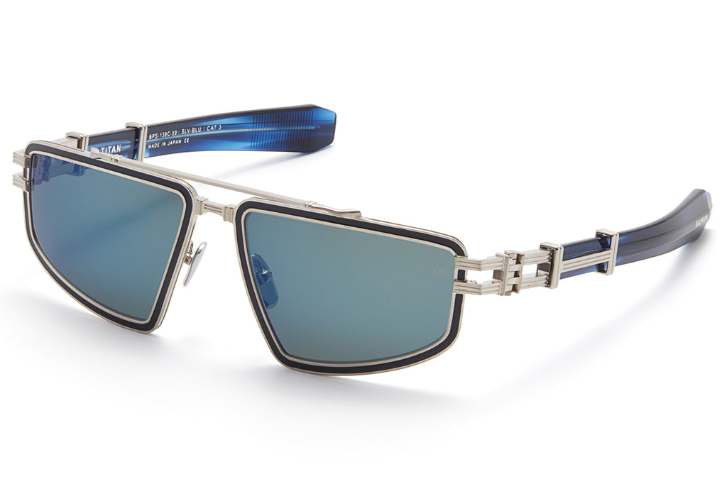 Balmain® Eyewear - Titan Sunglasses Brushed Silver & Blue Swirl with G-15 - Blue Mirror Lenses