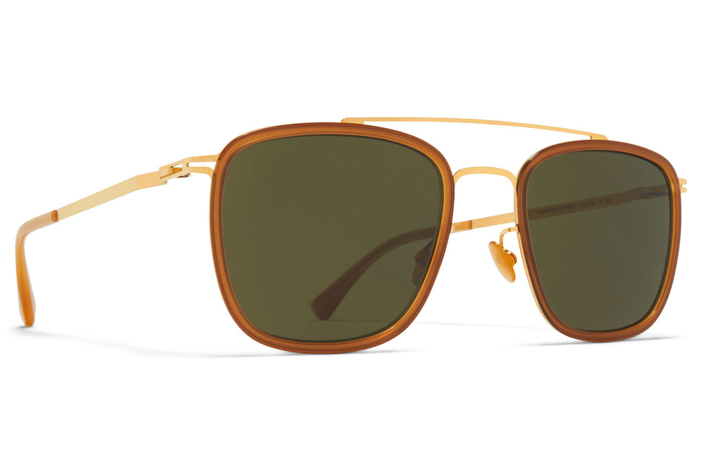 MYKITA - Jeppe Sunglasses Glossy Gold/Dark Brown with Raw Green Solid Lenses