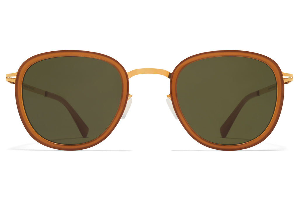 MYKITA - Helmi Sunglasses Glossy Gold/Dark Brown with Raw Green Solid Lenses