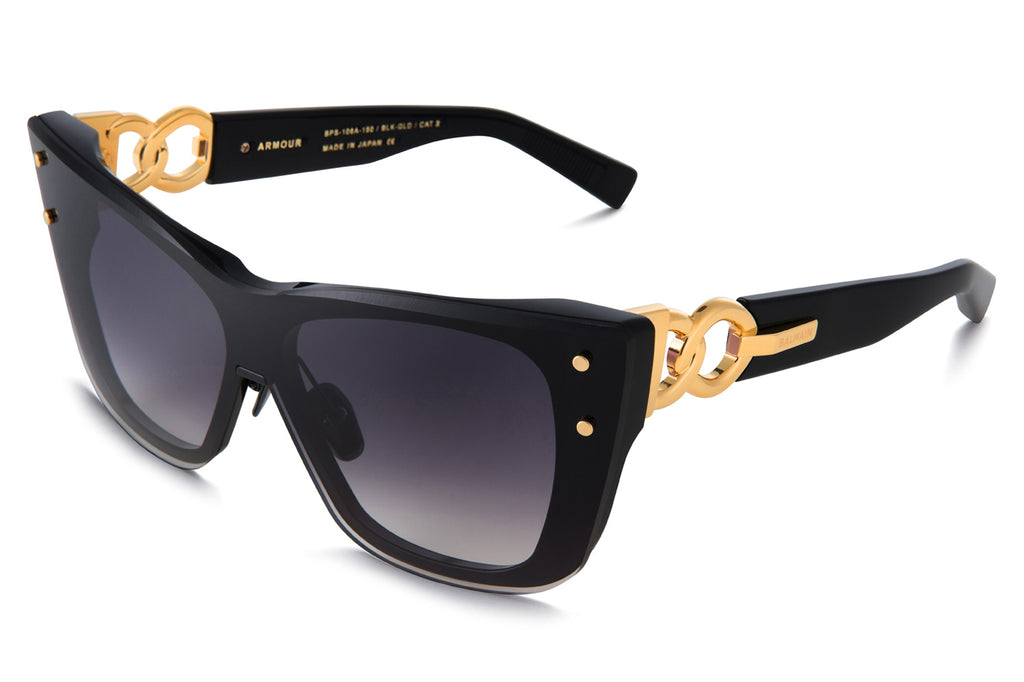 Balmain® Eyewear - Armour Sunglasses Black & Gold with Dark Grey to Clear AR Lenses