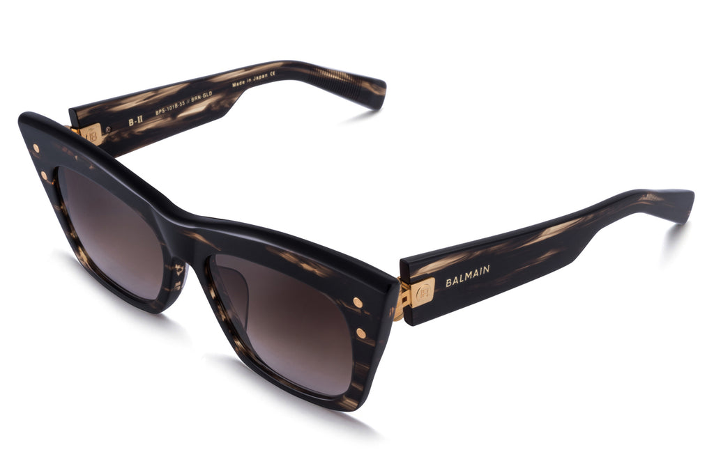 Balmain® Eyewear - B-II Sunglasses Dark Brown Swirl & Gold with Dark Brown to Clear AR Lenses