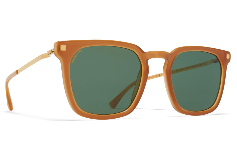 MYKITA - Borga Sunglasses Brown/Dark Brown/Glossy Gold with Raw Brown Solid Lenses with Polarized Pro Green 15 Lenses