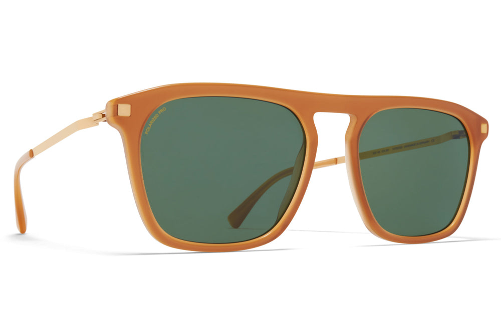 MYKITA - Kallio Sunglasses Brown/Dark Brown/Glossy Gold with Raw Brown Solid Lenses with Polarized Pro Green 15 Lenses