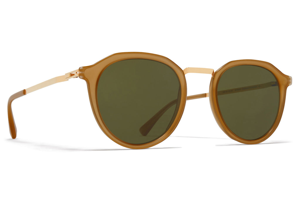 MYKITA - Paulson Sunglasses Glossy Gold/Brown Dark Brown with Raw Green Solid Lenses